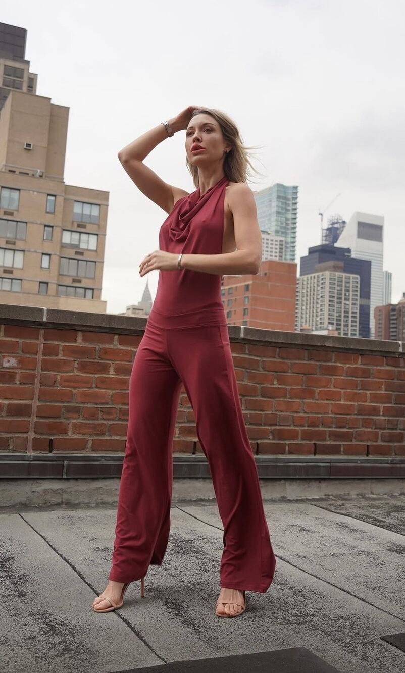 NWT Aria Lattner Wine Plum Draped Cowl Halter Backless Wide Leg Jumpsuit Size L
